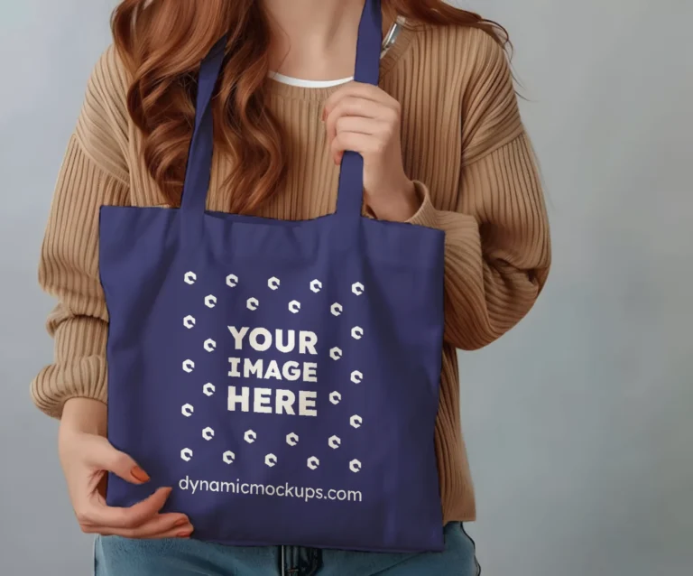 Woman Holding Navy Blue Tote Bag Mockup Front View Template