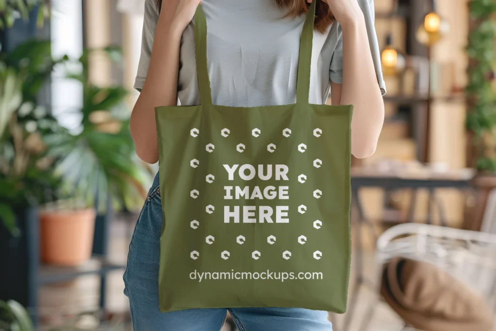 Woman Holding Olive Green Tote Bag Mockup Front View Template