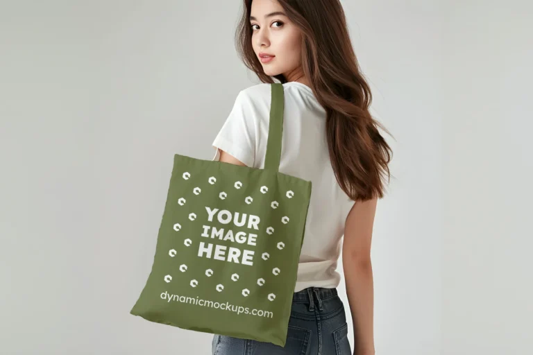 Woman Holding Olive Green Tote Bag Mockup Back View Template