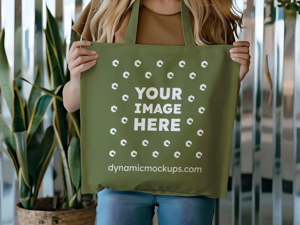 Woman Holding Olive Green Tote Bag Mockup Front View Template