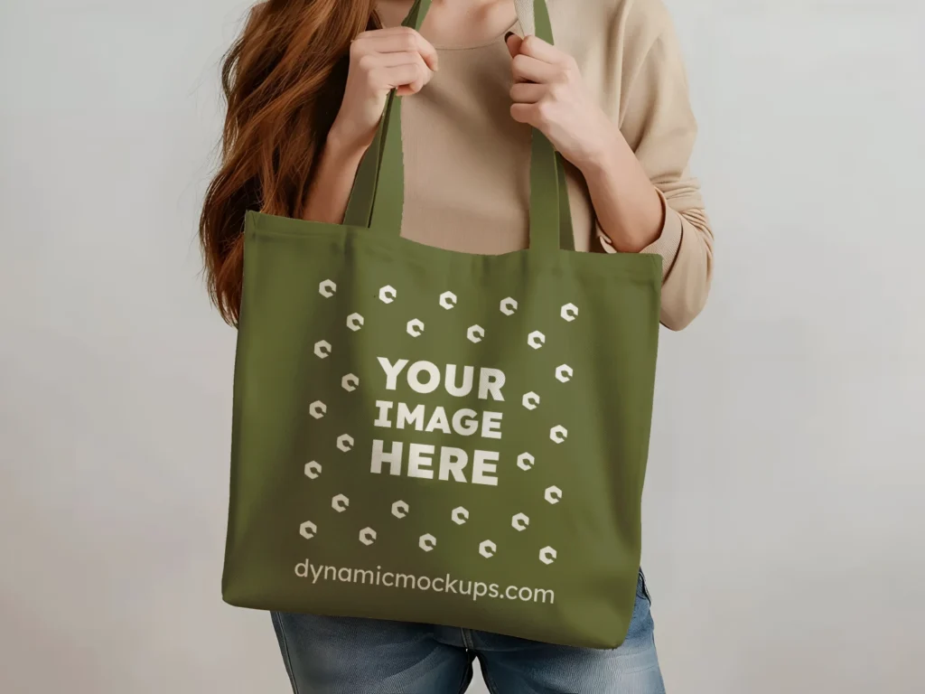 Woman Holding Olive Green Tote Bag Mockup Front View Template