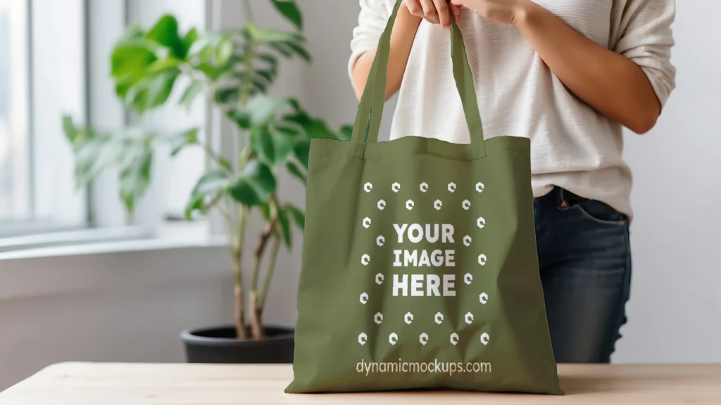 Woman Holding Olive Green Tote Bag Mockup Front View Template