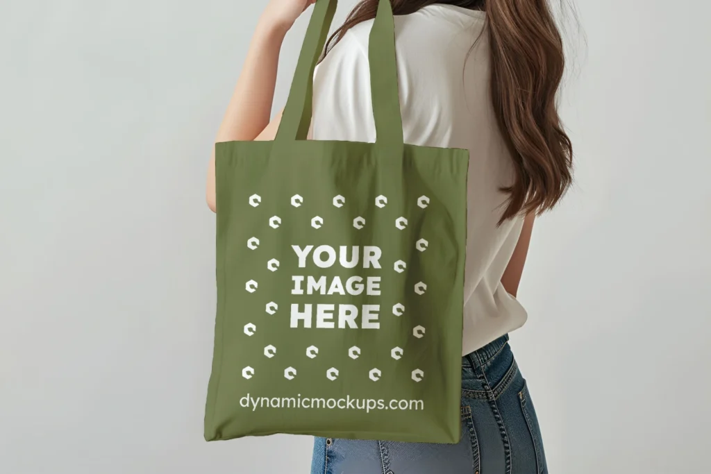 Woman Holding Olive Green Tote Bag Mockup Side View Template