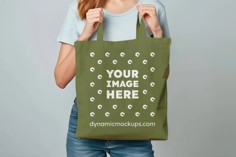 Woman Holding Olive Green Tote Bag Mockup Front View Template