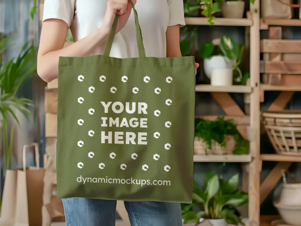 Woman Holding Olive Green Tote Bag Mockup Front View Template