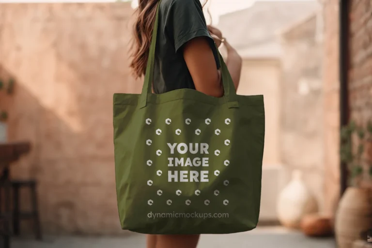 Woman Holding Olive Green Tote Bag Mockup Side View Template