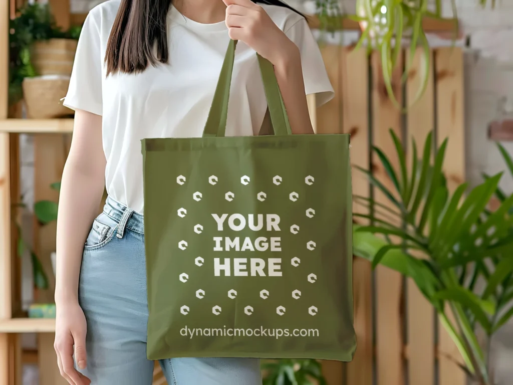 Woman Holding Olive Green Tote Bag Mockup Front View Template