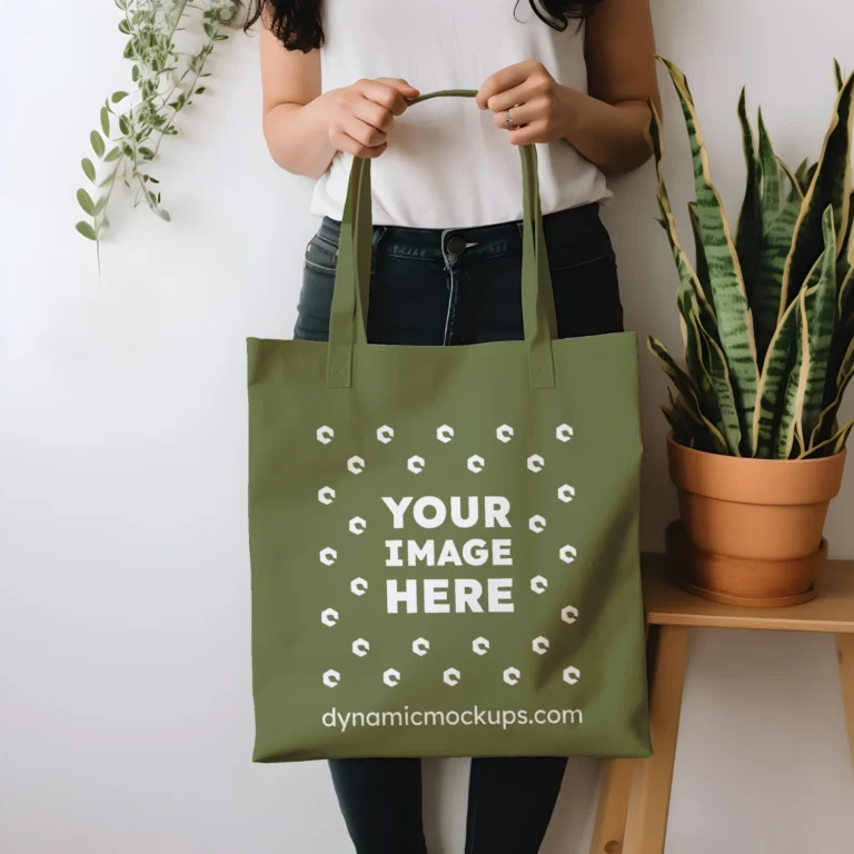 Woman Holding Olive Green Tote Bag Mockup Front View Template