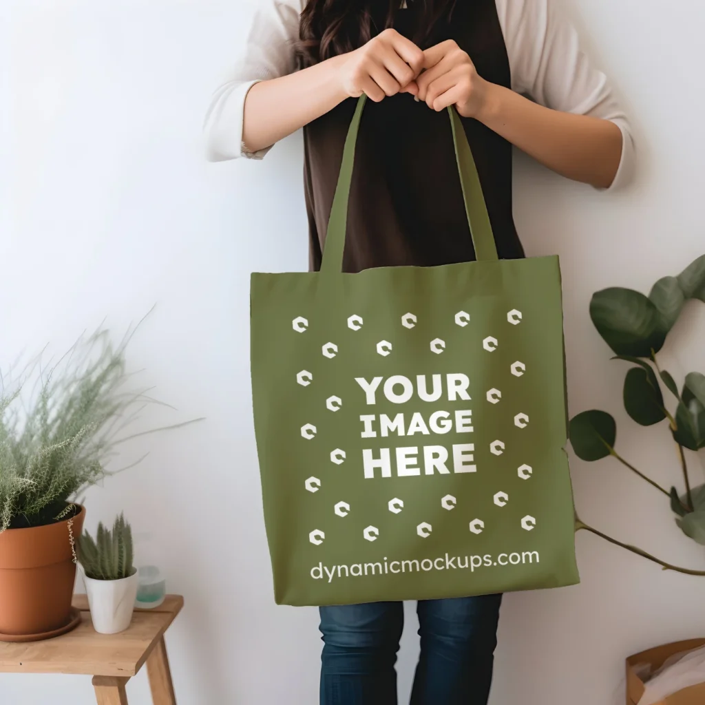 Woman Holding Olive Green Tote Bag Mockup Front View Template