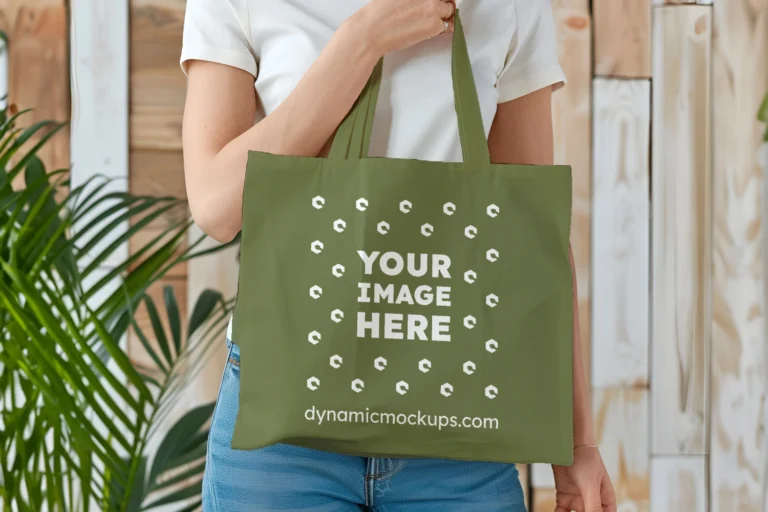 Woman Holding Olive Green Tote Bag Mockup Front View Template