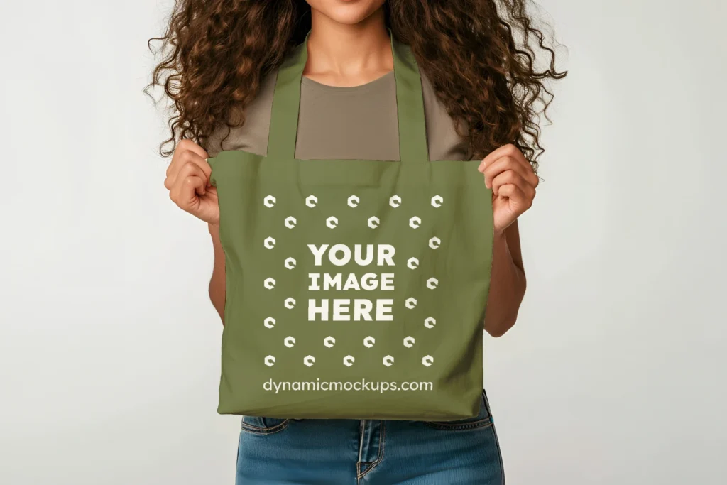 Woman Holding Olive Green Tote Bag Mockup Front View Template