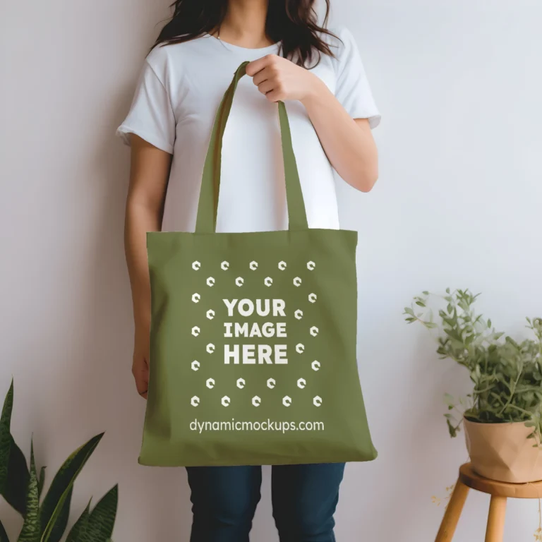 Woman Holding Olive Green Tote Bag Mockup Front View Template