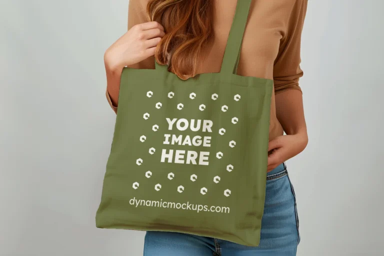 Woman Holding Olive Green Tote Bag Mockup Front View Template