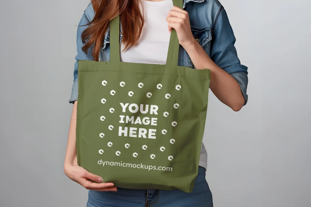 Woman Holding Olive Green Tote Bag Mockup Front View Template