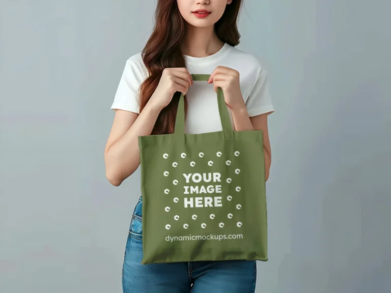 Woman Holding Olive Green Tote Bag Mockup Front View Template