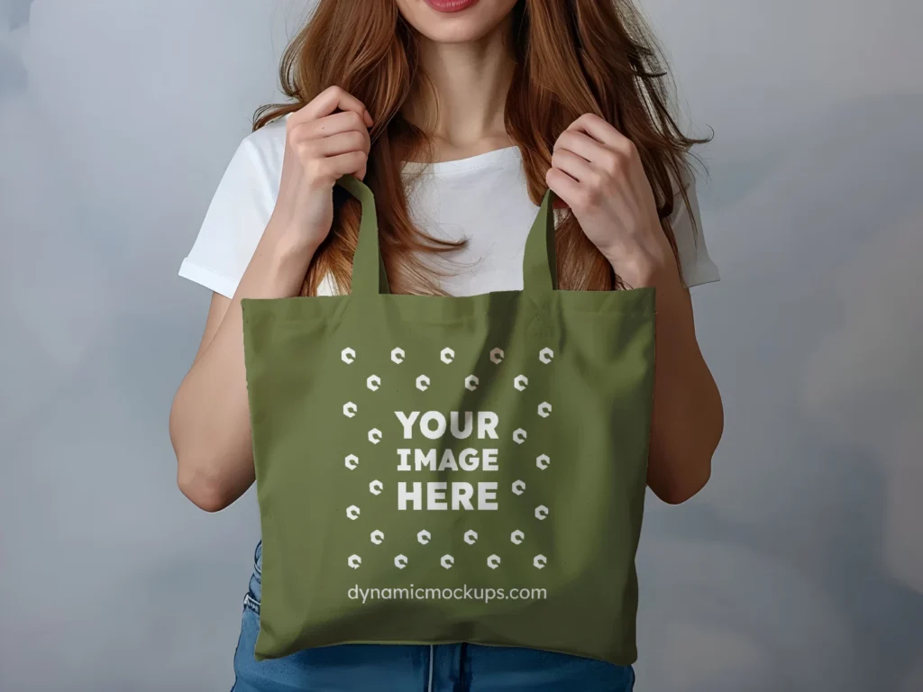 Woman Holding Olive Green Tote Bag Mockup Front View Template