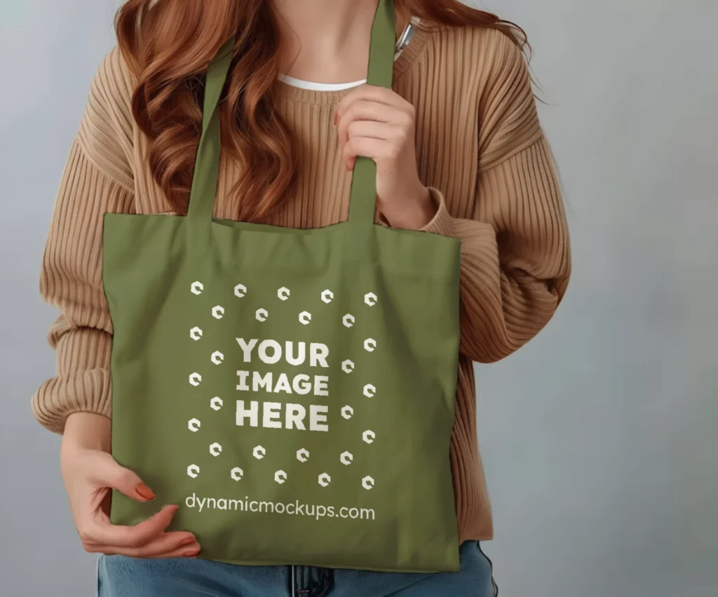 Woman Holding Olive Green Tote Bag Mockup Front View Template