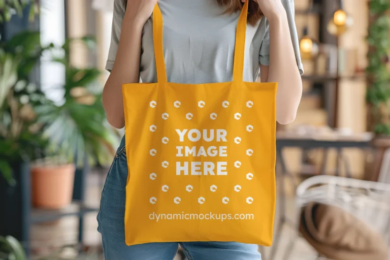 Woman Holding Orange Tote Bag Mockup Front View Template