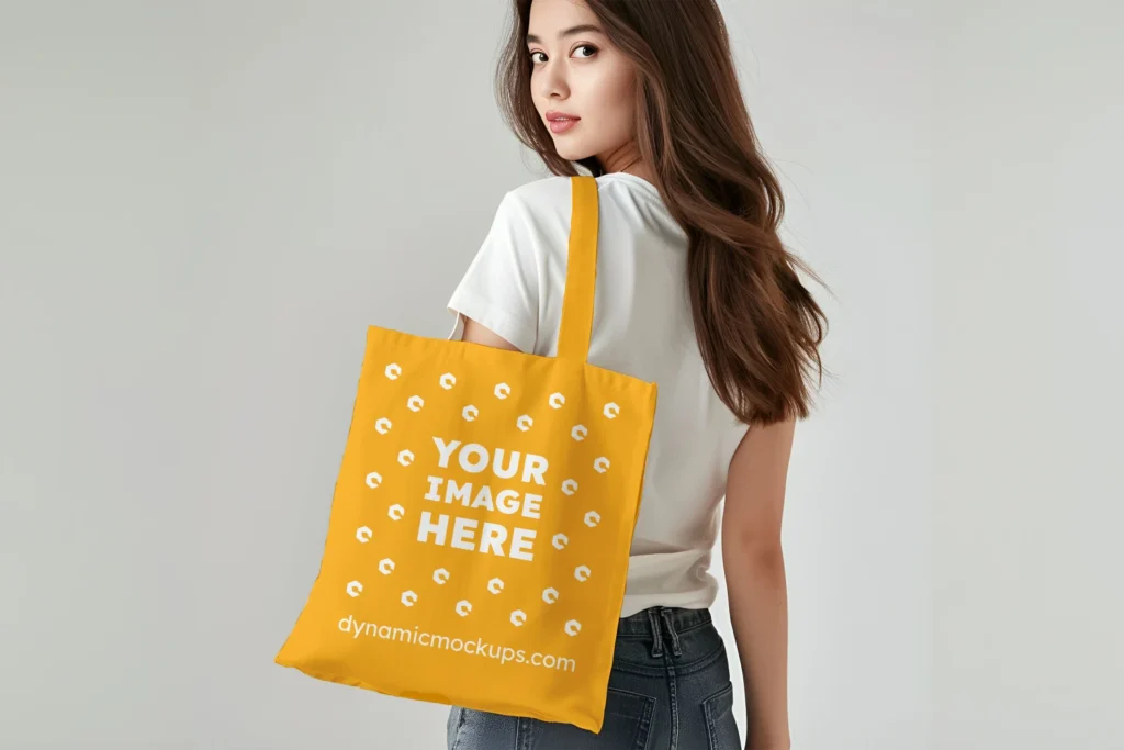 Woman Holding Orange Tote Bag Mockup Back View Template