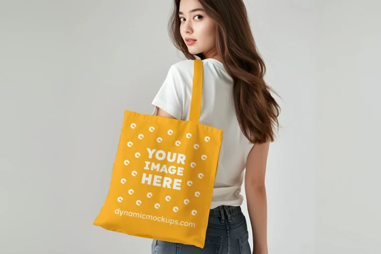 Woman Holding Orange Tote Bag Mockup Back View Template