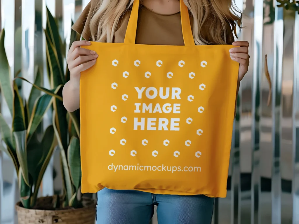 Woman Holding Orange Tote Bag Mockup Front View Template