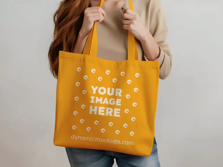 Woman Holding Orange Tote Bag Mockup Front View Template