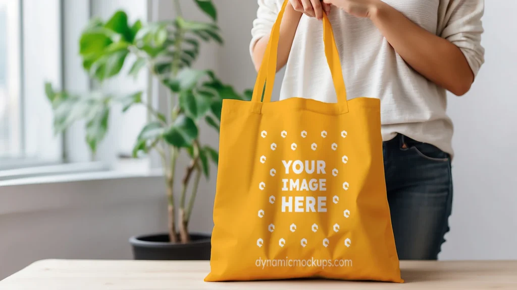 Woman Holding Orange Tote Bag Mockup Front View Template