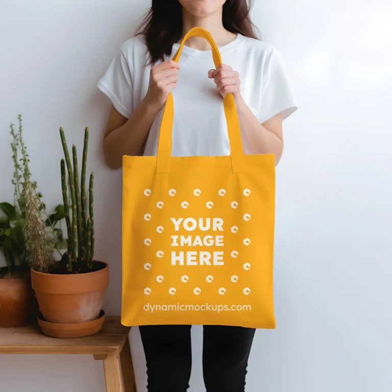 Woman Holding Orange Tote Bag Mockup Front View Template