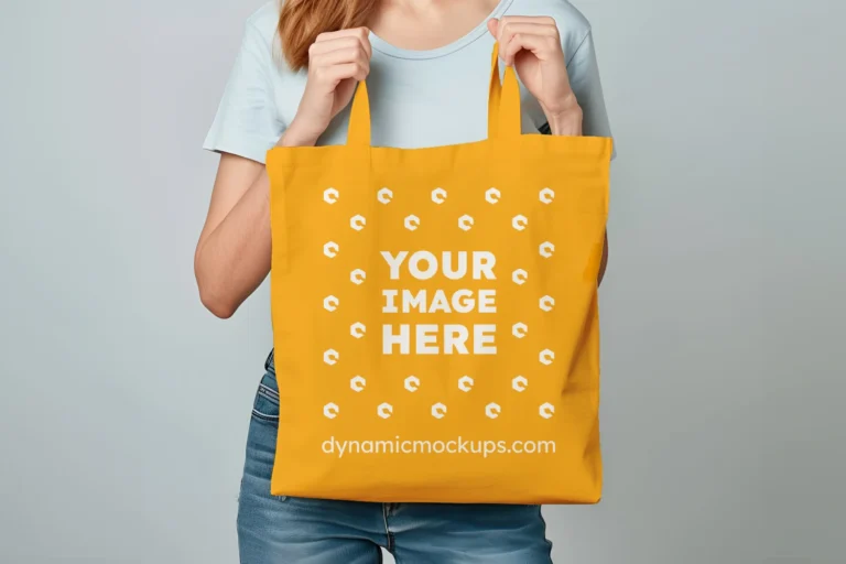 Woman Holding Orange Tote Bag Mockup Front View Template