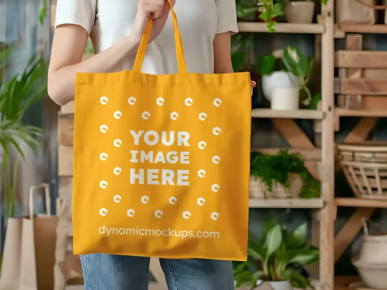 Woman Holding Orange Tote Bag Mockup Front View Template