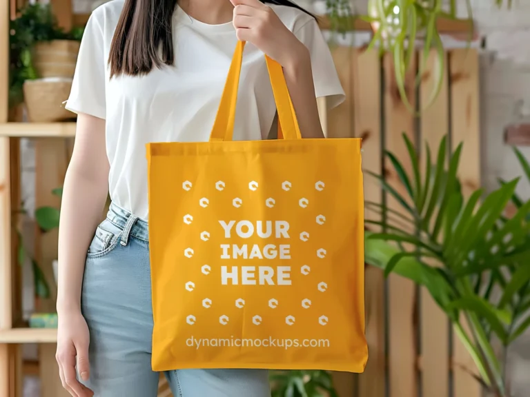 Woman Holding Orange Tote Bag Mockup Front View Template