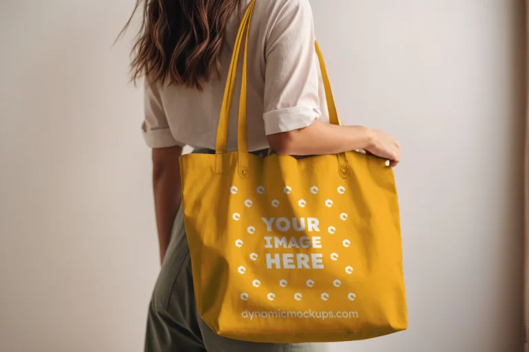 Woman Holding Orange Tote Bag Mockup Side View Template