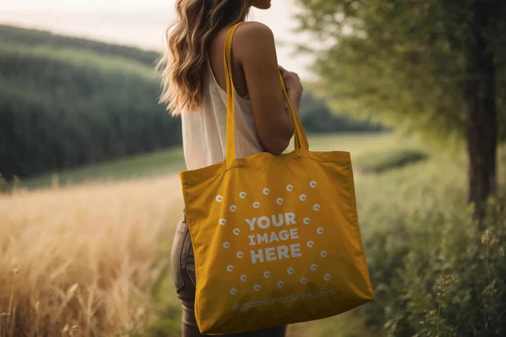 Woman Holding Orange Tote Bag Mockup Side View Template