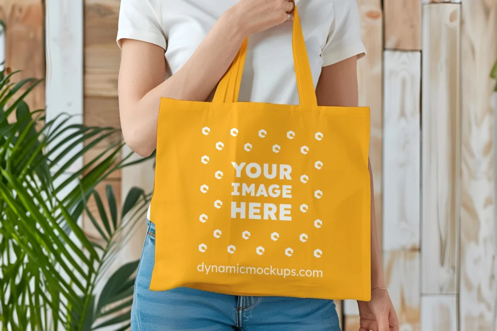 Woman Holding Orange Tote Bag Mockup Front View Template