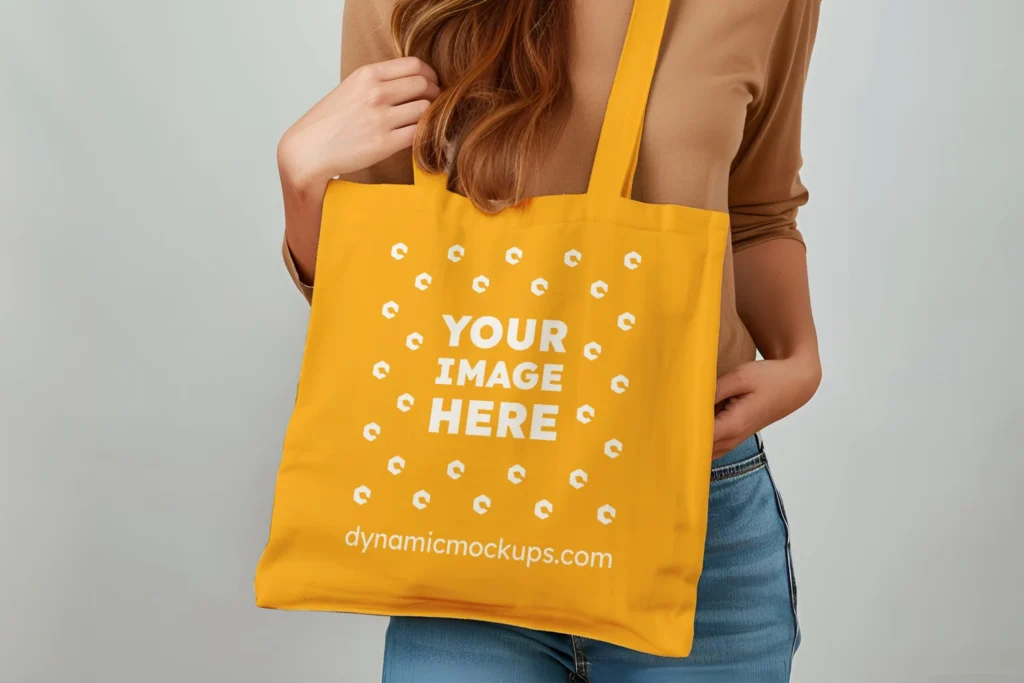 Woman Holding Orange Tote Bag Mockup Front View Template