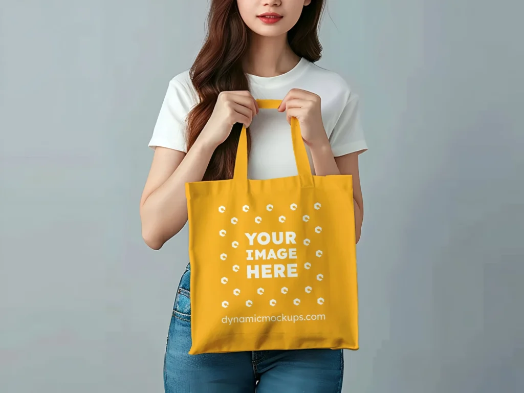 Woman Holding Orange Tote Bag Mockup Front View Template