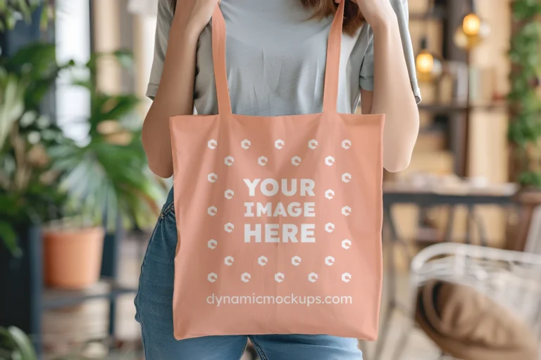 Woman Holding Peach Tote Bag Mockup Front View Template