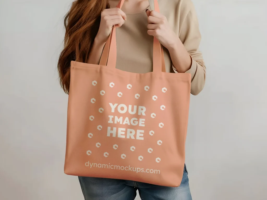 Woman Holding Peach Tote Bag Mockup Front View Template