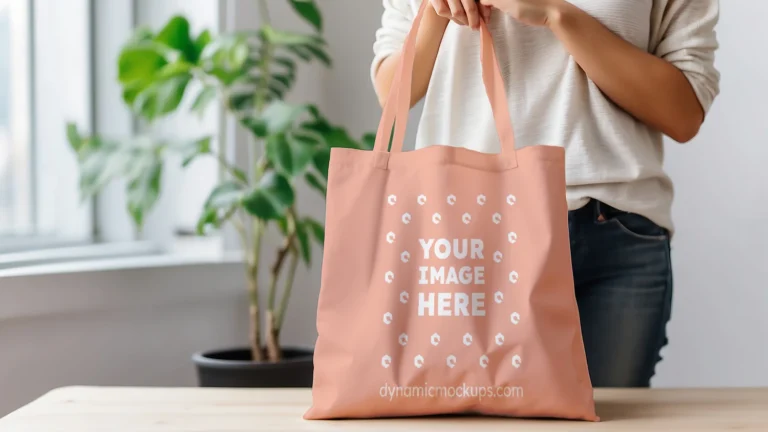 Woman Holding Peach Tote Bag Mockup Front View Template