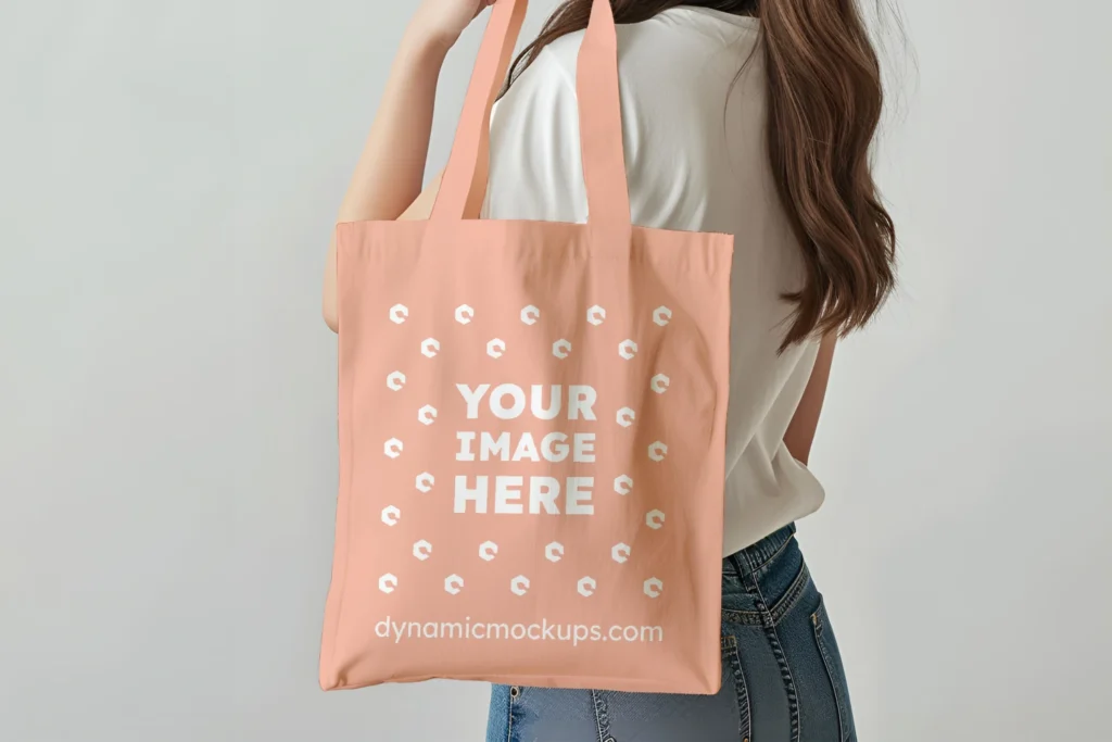 Woman Holding Peach Tote Bag Mockup Side View Template