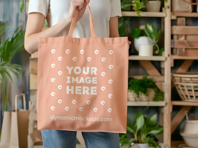 Woman Holding Peach Tote Bag Mockup Front View Template