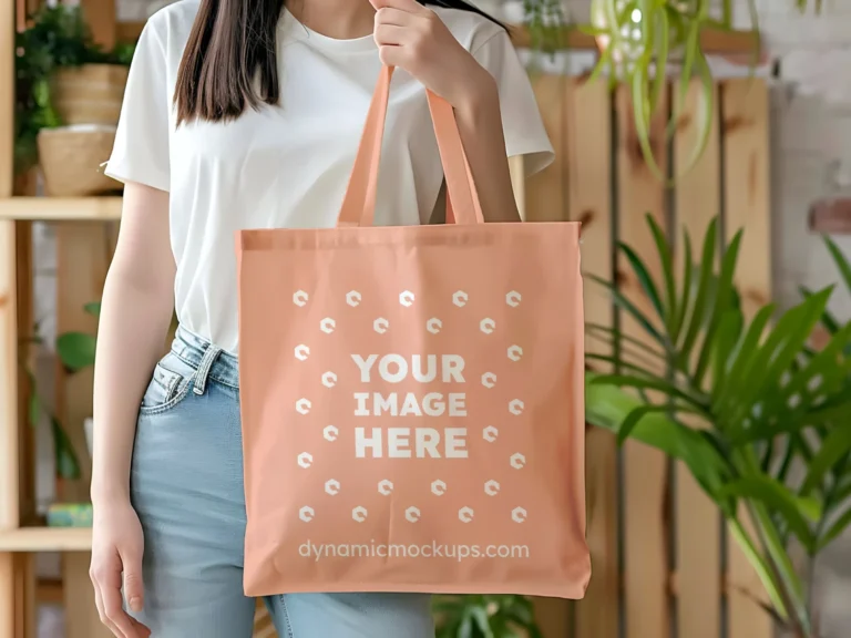 Woman Holding Peach Tote Bag Mockup Front View Template