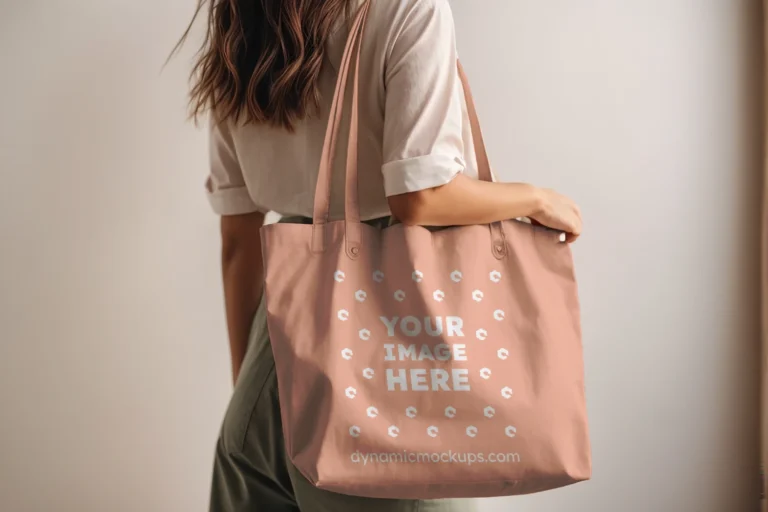 Woman Holding Peach Tote Bag Mockup Side View Template