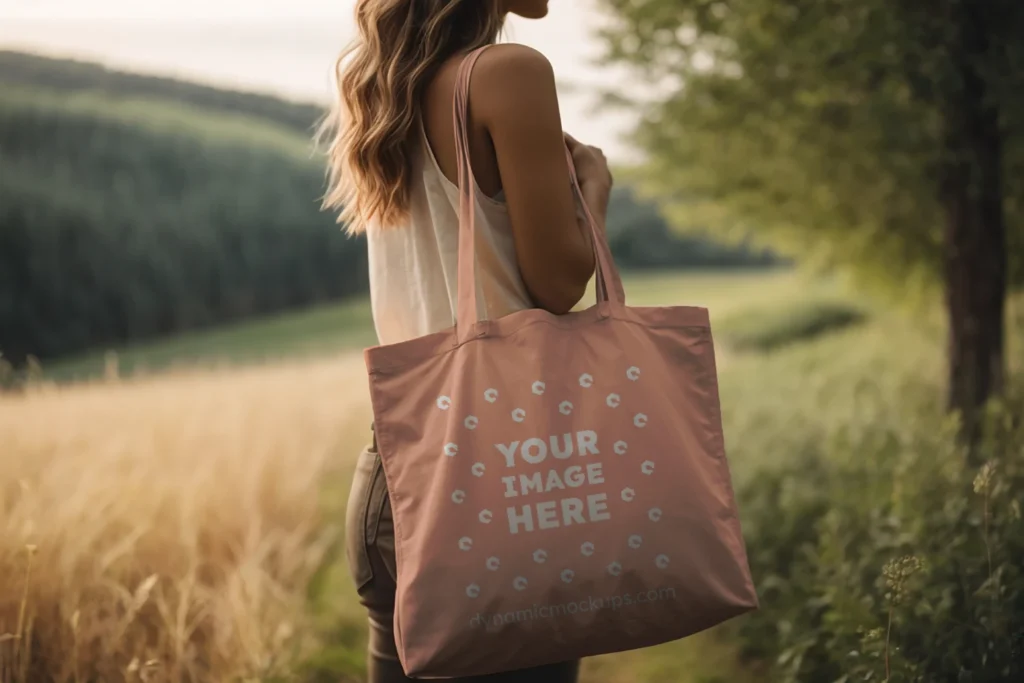 Woman Holding Peach Tote Bag Mockup Side View Template