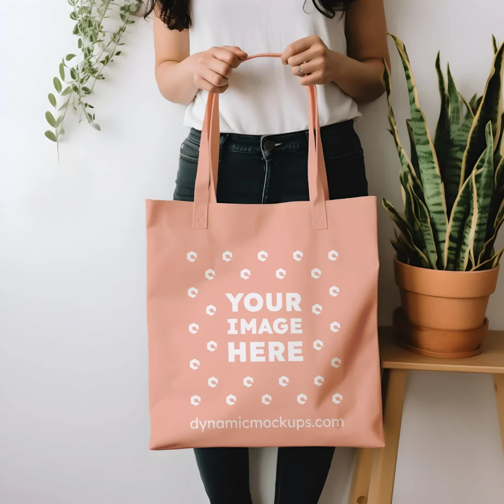 Woman Holding Peach Tote Bag Mockup Front View Template