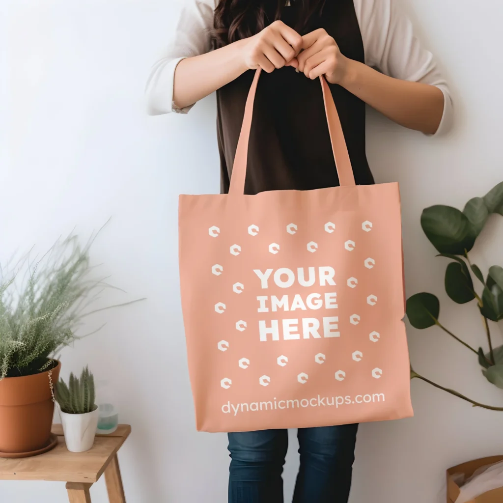 Woman Holding Peach Tote Bag Mockup Front View Template