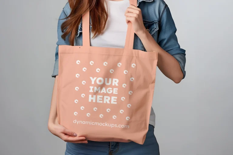 Woman Holding Peach Tote Bag Mockup Front View Template