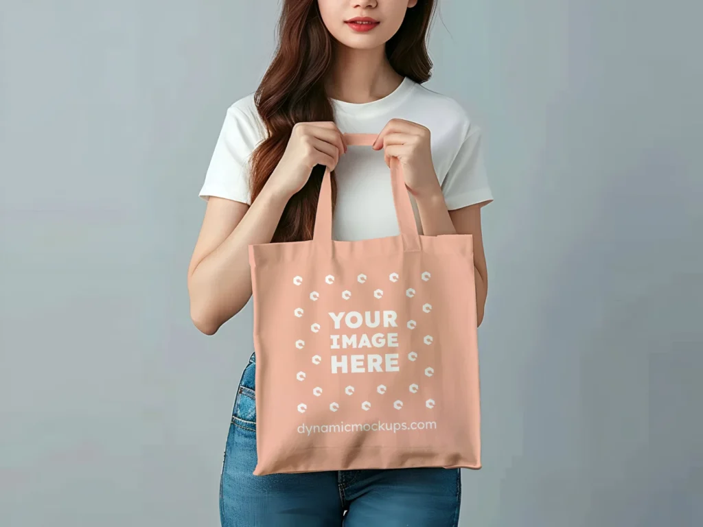 Woman Holding Peach Tote Bag Mockup Front View Template