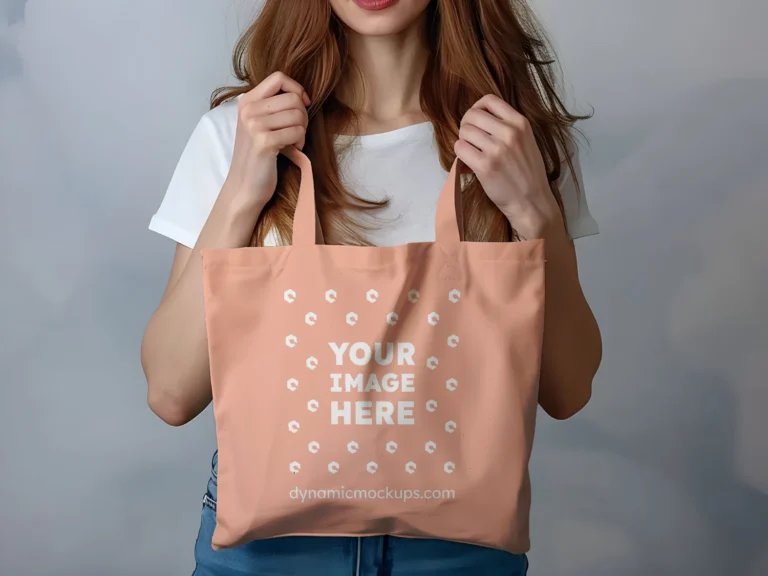 Woman Holding Peach Tote Bag Mockup Front View Template