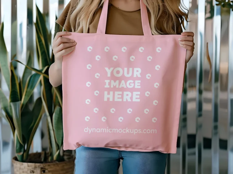 Woman Holding Pink Tote Bag Mockup Front View Template